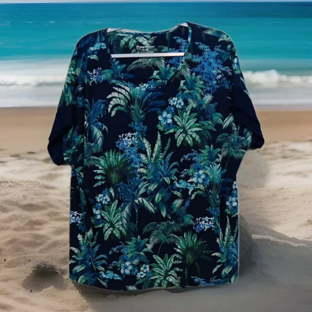 Tommy Bahama Women’s XL Tunic – Blue Floral Hawaiian Top – Rayon Blend - Picture 1 of 5